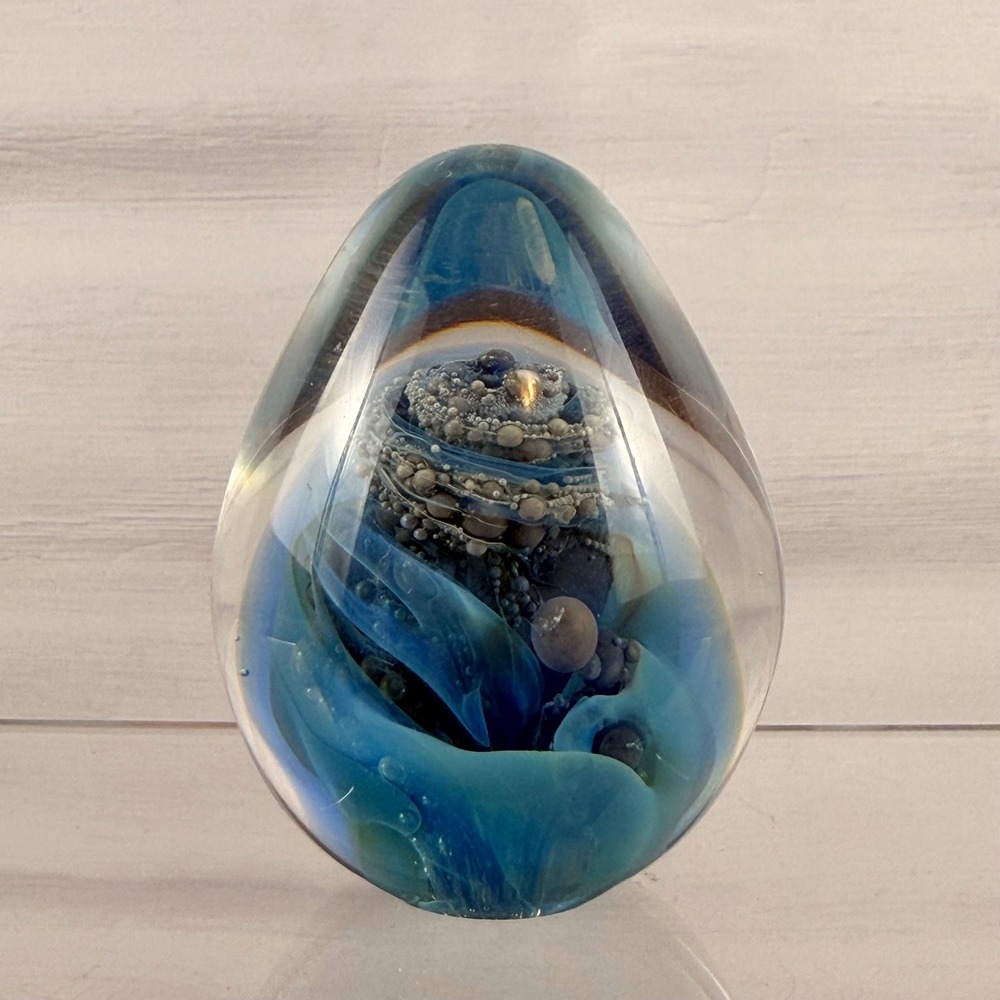 Seegers & Fein Art Glass Paperweight Blue Abstract Controlled Bubble Signed